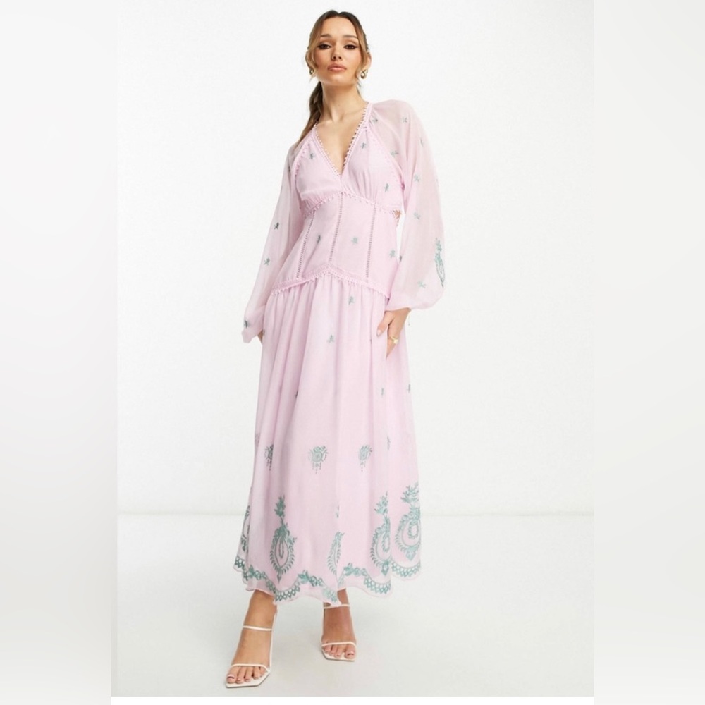 NWT ASOS Design V Neck Open Back Embroidered Maxi